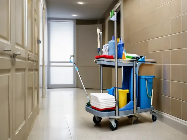A stocked janitorial cart parked in a clean commercial hallway.