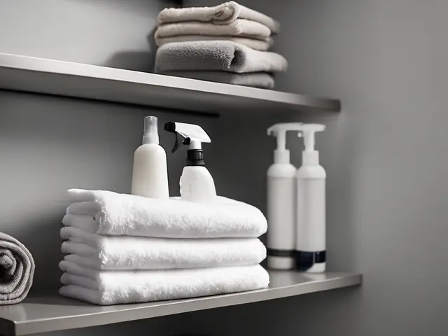 Folded cleaning towels and plain spray bottles arranged on utility shelves.